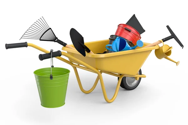 花园独轮车与花园工具 如铲子 浇水罐和叉子白色背景 带轮子的手推车或手推车 3D渲染农场园艺工具 用于运送货物 — 图库照片
