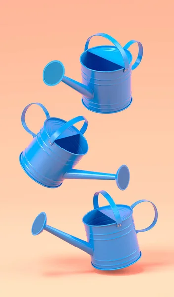 Set Watering Cans Orange Background Render Concept Gardening Equipment Tools — Stock Photo, Image