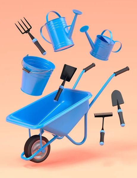 Garden wheelbarrow with garden tools like shovel, rake and fork on orange background. 3d render concept of horticulture and farming supplies