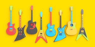 Çok renkli arka planda izole edilmiş elektrikli akustik gitar seti. Müzik dükkanı için heavy metal gitarlı 3D rock festivali posteri.