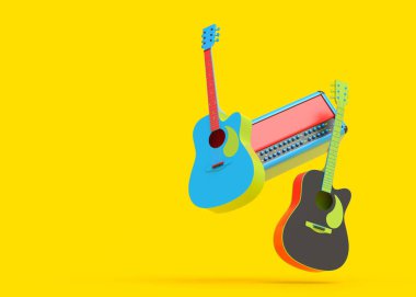 Çok renkli arka planda elektrikli akustik gitar amplifikatörleri. Rock festivali posteri için üç boyutlu müzik enstrümanı, davul makinesi ve bateri prodüksiyonu.