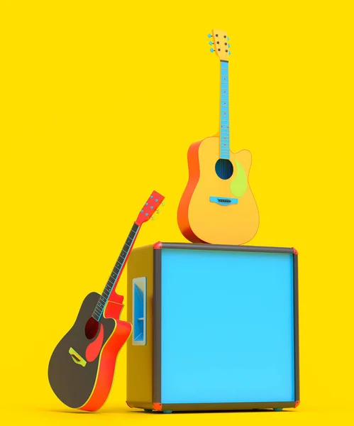 一套彩色背景的电声吉他手扩音器 音乐打击乐器 鼓机和摇滚音乐节海报用重金属吉他手鼓的3D渲染 — 图库照片