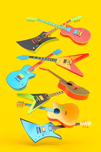 Zestaw Gitar Akustycznych Wyizolowanych Wielokolorowym Tle Renderowania Koncepcji Festiwalu Rockowego — Zdjęcie stockowe