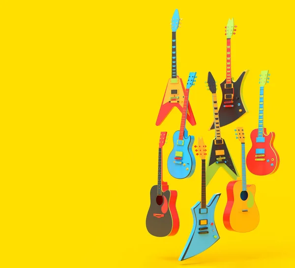 一套电声吉他 在彩色背景下隔离 音乐商店用重金属吉他摇滚音乐节海报的3D渲染概念 — 图库照片
