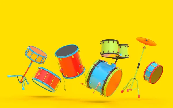Set Tambores Con Platillos Metálicos Sobre Fondo Multicolor Render Instrumento — Foto de Stock