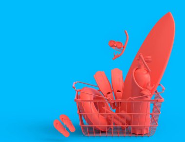 Colorful luggage with beach accessories and shopping basket flying on monochrome background. 3D render of summer vacation concept and holidays