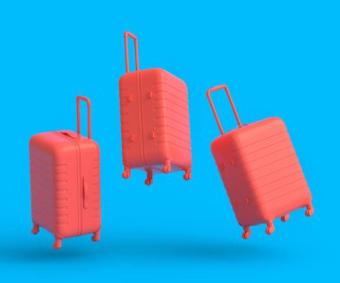 Colorful suitcase or baggage flying on monochrome background. 3D render of summer vacation concept and holidays