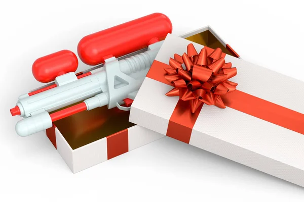 Gift boxes with water gun, ribbon and bow isolated on white background. 3d render concept of greeting design Birthday, Christmas, Black friday, New Year
