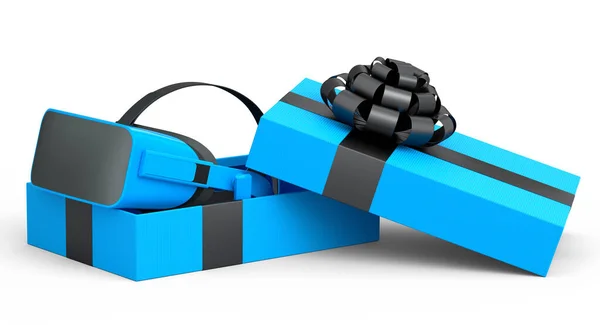 礼品盒与Vr耳机 带子和弓隔离在白色背景 三维渲染问候设计的概念生日 圣诞节 黑色星期五 — 图库照片