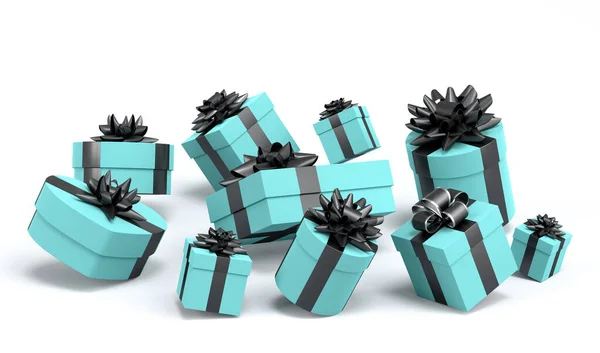 礼品盒上有彩带和蝴蝶结 飘扬在白色的背景上 三维渲染问候设计的概念生日 圣诞快乐 黑色星期五 — 图库照片