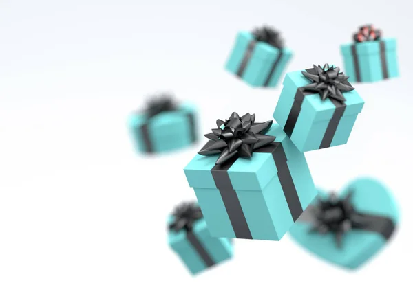 礼品盒上有彩带和蝴蝶结 飘扬在白色的背景上 三维渲染问候设计的概念生日 圣诞快乐 黑色星期五 — 图库照片