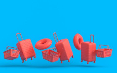 Colorful suitcase or baggage, shopping basket and inflatable rings flying on monochrome background. 3D render of summer vacation concept and holidays