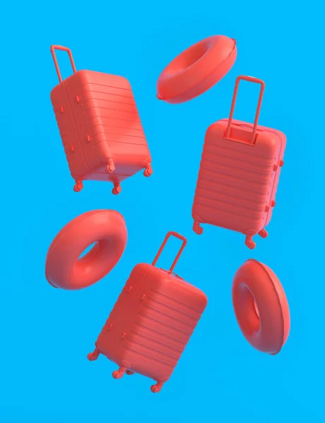 Colorful Suitcase Baggage Inflatable Rings Flying Monochrome Background Render Summer — Stockfoto