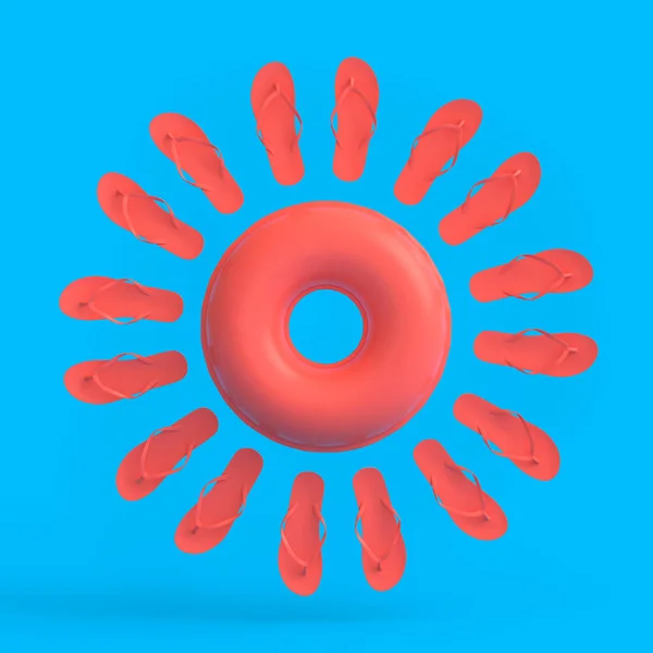 Colorful Inflatable Rings Flip Flops Sun Monochrome Background Render Summer — Fotografia de Stock