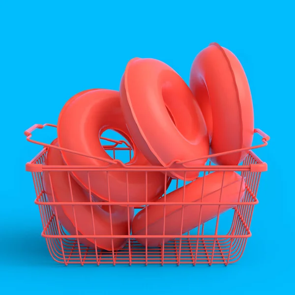 Colorful Inflatable Ring Shopping Basket Monochrome Background Render Summer Vacation — Stockfoto