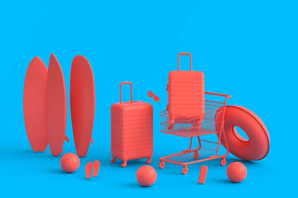 Colorful Luggage Beach Accessories Shopping Trolley Monochrome Background Render Summer — 스톡 사진