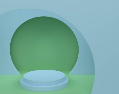 Mavi arka planda basamakları olan yeşil silindir podyum. Ürün gösterimi için soyut gerçekçi geometrik kaide veya platformun 3 boyutlu canlandırması. En küçük sahne.