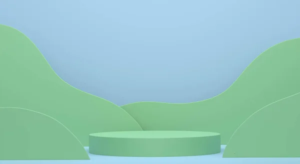 Pastelowy Zielony Cylinder Podium Krokami Niebieskim Tle Renderowanie Abstrakcyjny Realistyczny — Zdjęcie stockowe