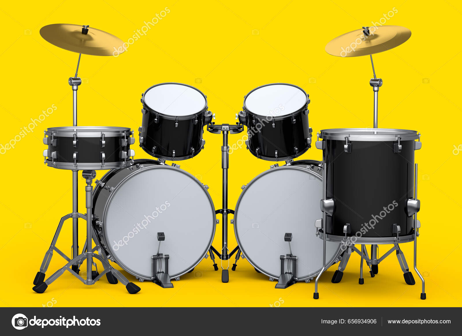 Set Realistic Drums Metal Cymbals Yellow Background Render Concept