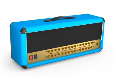 Beyaz zemin üzerinde klasik elektrik ve akustik gitar amplifikatörü izole edildi. Stüdyo veya prova odasında bas gitar kaydetmek için 3D yükseltici
