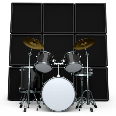Metal zilli gerçekçi davullar veya bateri seti ve beyaz zemin üzerinde yükseltici. 3D render müzik perküsyon enstrümanı, davul makinesi ve bateri seti