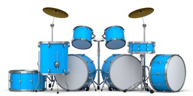 Beyaz arka planda metal zilleri olan gerçekçi davullar. 3D render müzik perküsyon enstrümanı, davul makinesi ve bateri seti