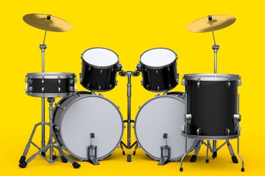 Sarı arka planda metal zilleri olan gerçekçi davullar. 3D render müzik perküsyon enstrümanı, davul makinesi ve bateri seti