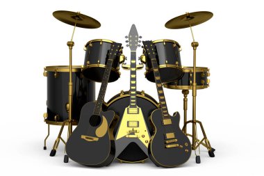 Tribünlerde metal zilleri ve beyaz arka planda akustik gitarları olan gerçekçi davullar. 3D render müzik perküsyon enstrümanı, davul makinesi ve bateri seti