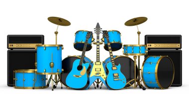 Metal zilli, bateri seti, amplifikatör ve akustik gitarlı gerçekçi davullar. 3D render müzik perküsyon enstrümanı, davul makinesi ve bateri seti