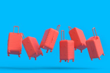 Colorful suitcase or baggage flying on monochrome background. 3D render of summer vacation concept and holidays