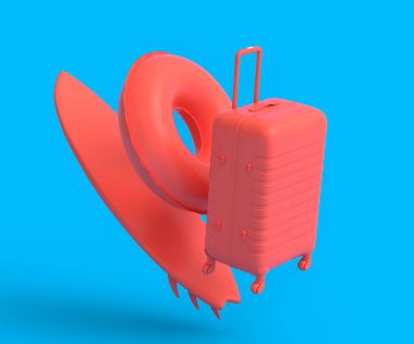 Luggage with beach ring and surf board on monochrome background. 3D render of summer vacation concept and holidays