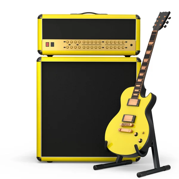 经典放大器 带电吉他或声学吉他 独立于白色背景 录音室或排练室录制低音吉他的放大器3D渲染 摇滚音乐节概念 — 图库照片