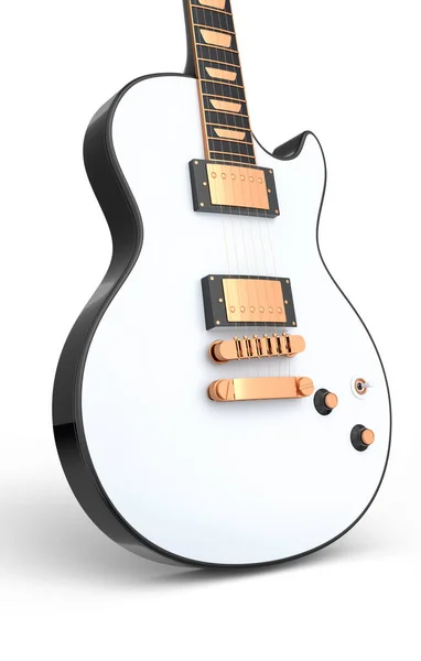 在白色背景上隔离的特写电声吉他 音乐商店用重金属吉他摇滚音乐节海报的3D渲染概念 — 图库照片