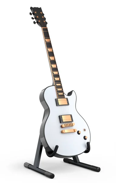 スタンド上の電気音響ギターは白い背景に隔離されています 音楽ショップのための重い金属ギターとロックフェスティバルポスターのための概念の3Dレンダリング — ストック写真