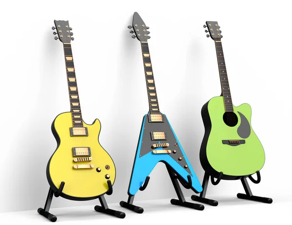 一套在白色背景上隔离的电声吉他 音乐商店用重金属吉他摇滚音乐节海报的3D渲染概念 — 图库照片