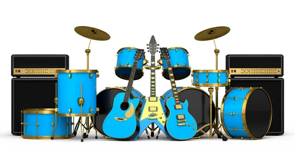 Набор Реалистичных Барабанов Металлическими Тарелками Барабанной Установкой Усилителем Акустическими Гитарами — стоковое фото