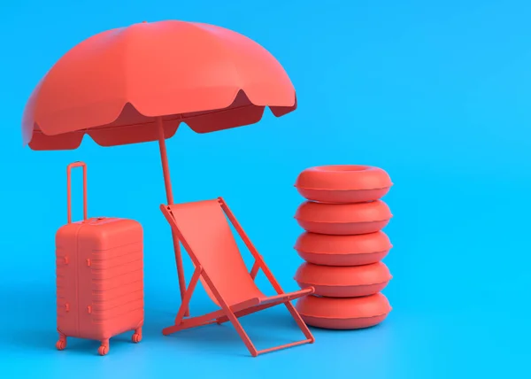 Colorful Beach Rings Chair Umbrellas Lugagge Monochrome Background Render Summer — 스톡 사진