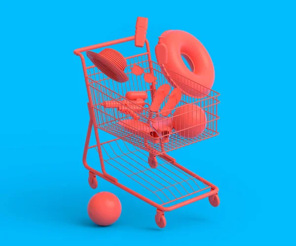 Colorful Beach Accessories Shopping Trolley Monochrome Background Render Summer Vacation — Stockfoto