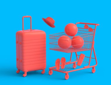 Colorful luggage with beach accessories and shopping trolley on monochrome background. 3D render of summer vacation concept and holidays