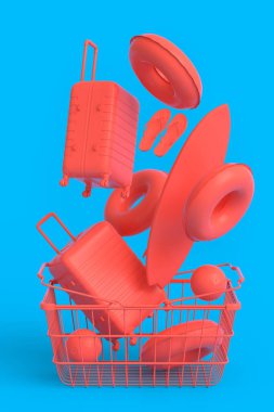 Colorful luggage with beach accessories and shopping basket flying on monochrome background. 3D render of summer vacation concept and holidays