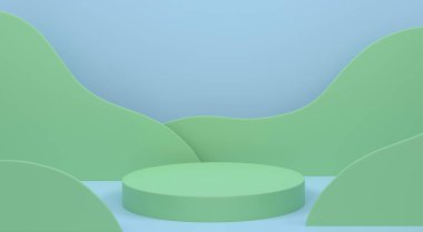 Mavi arka planda basamakları olan yeşil silindir podyum. Ürün gösterimi için soyut gerçekçi geometrik kaide veya platformun 3 boyutlu canlandırması. En küçük sahne.