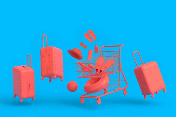 Colorful Luggage Beach Accessories Shopping Trolley Monochrome Background Render Summer — ストック写真