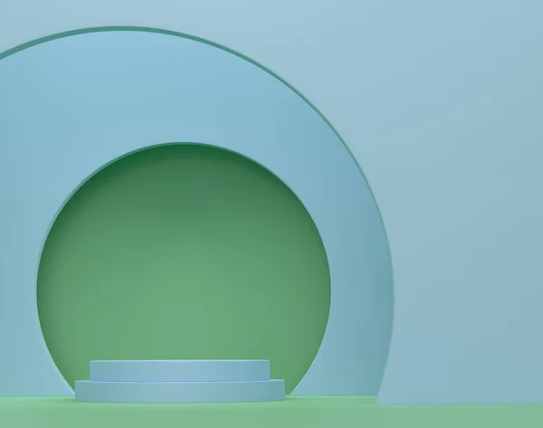 Pastell Grön Cylinder Podium Med Steg Blå Bakgrund Återgivning Abstrakt — Stockfoto
