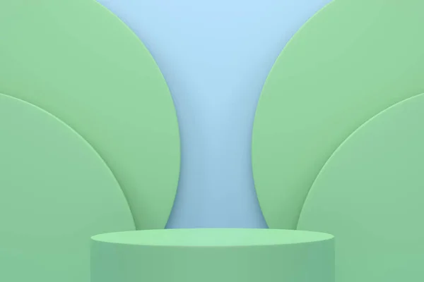 Podio Cilindro Verde Pastel Con Escalones Sobre Fondo Azul Renderizado — Foto de Stock