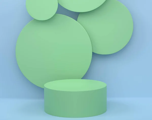 Пастельний Зелений Циліндр Подіум Сходами Синьому Фоні Візуалізація Абстрактного Реалістичного — стокове фото