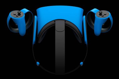 Sanal gerçeklik gözlükleri ve çevrimiçi ve siyah arka plandaki bulut oyunları için kontrolörler. Artırılmış gerçeklikte sanal tasarım için 3B görüntüleme aygıtı veya VR içindeki sanal oyun