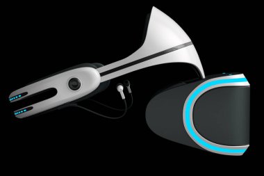 Siyah arka planda izole edilmiş sanal beyaz gerçeklik gözlükleri. Artırılmış gerçeklikte veya sanal oyunlarda sanal tasarım için 3d gözlük oluşturma