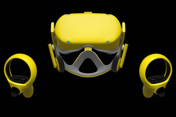 虚拟现实眼镜和控制器的在线和云游戏的黑色背景 虚拟现实或虚拟现实游戏中虚拟设计装置的三维渲染 — 图库照片