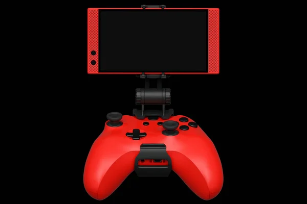 Realistic Red Joystick Playing Games Mobile Phone Black Background Rendering — Zdjęcie stockowe