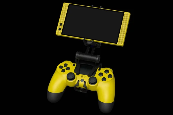 黒の背景に携帯電話でゲームをプレイするための現実的な黄色のジョイスティック ビデオゲームストリーミングコンセプトの3Dレンダリング — ストック写真